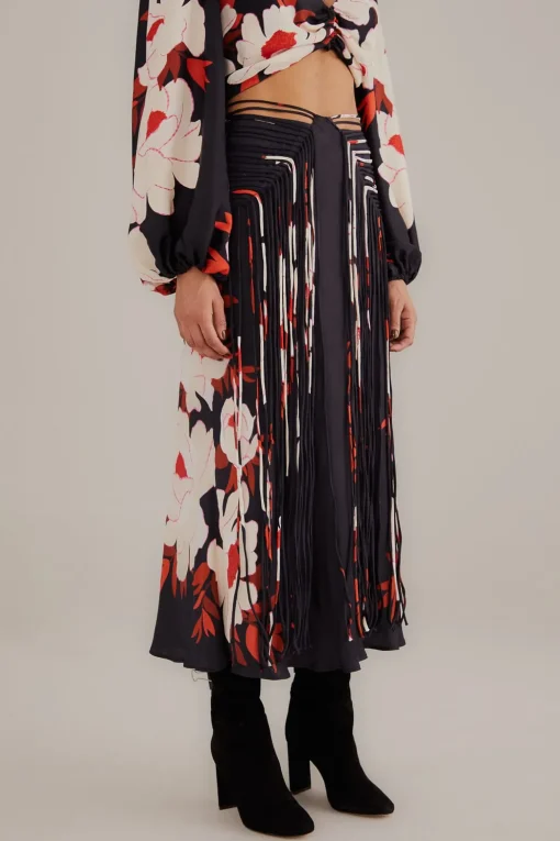  BLACK PEONY FRINGE MIDI SKIRT