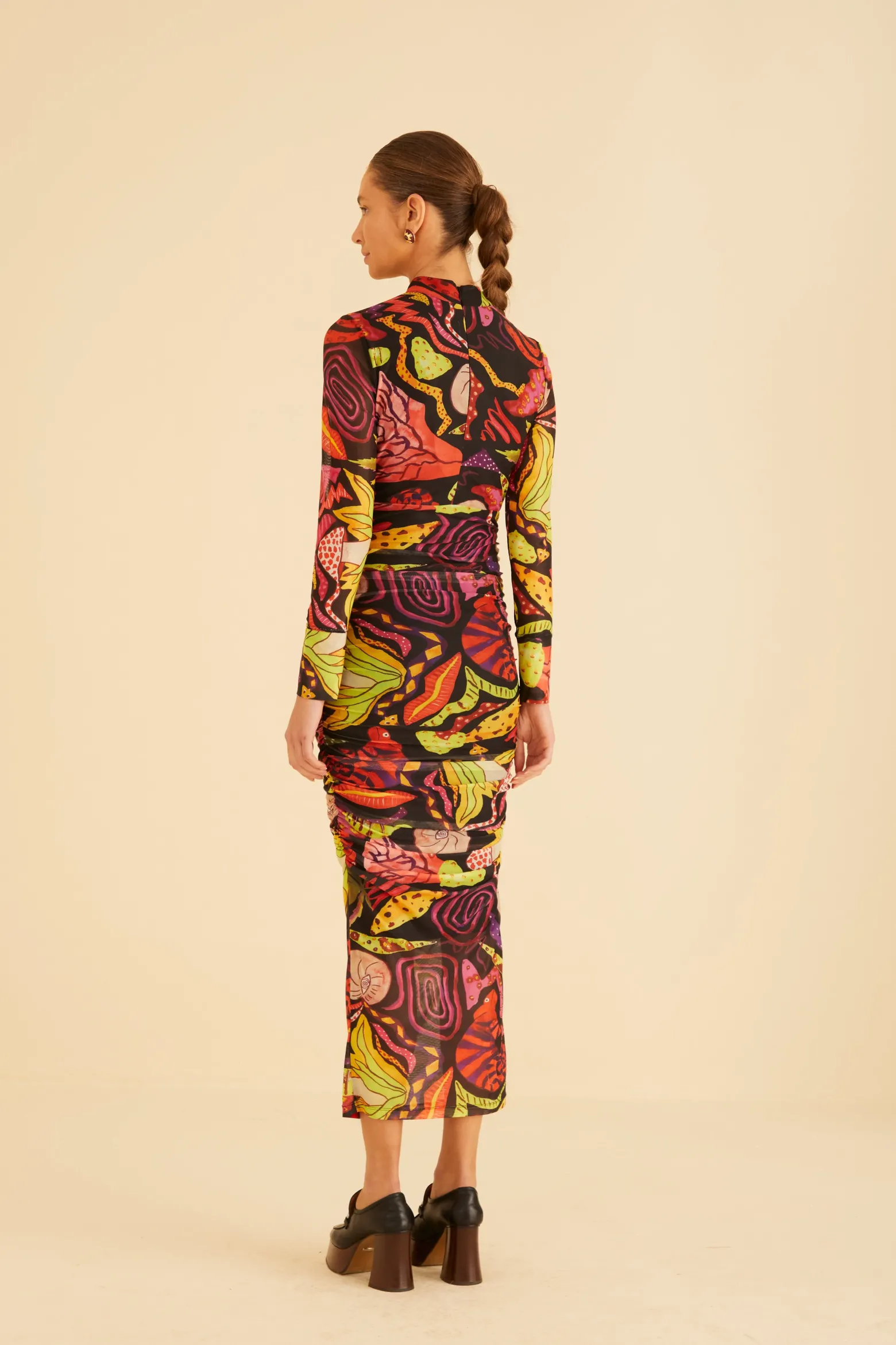 BLACK PSYCHEDELIC GARDEN TULLE MIDI DRESS