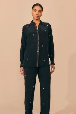  BLACK RAINBOW BEADED MIRROR TRIM PANTS