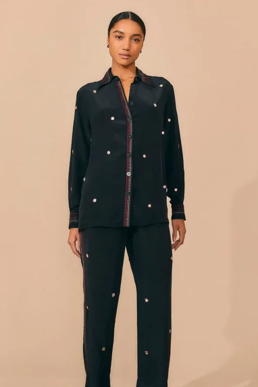  BLACK RAINBOW BEADED MIRROR TRIM PANTS