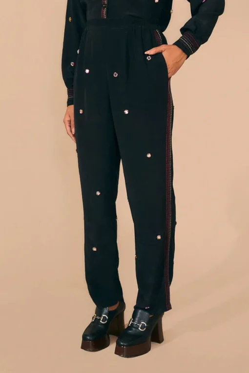  BLACK RAINBOW BEADED MIRROR TRIM PANTS