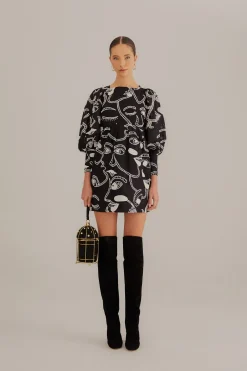  BLACK RICHELIEU FACES MINI DRESS