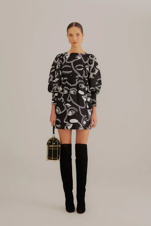  BLACK RICHELIEU FACES MINI DRESS