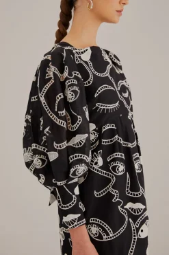  BLACK RICHELIEU FACES MINI DRESS