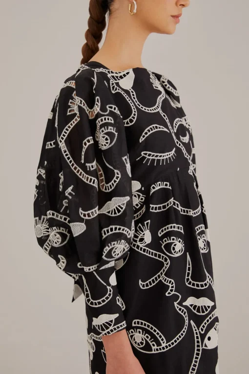  BLACK RICHELIEU FACES MINI DRESS