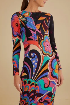  BLACK 70S VIBE LENZING™ ECOVERO™ VISCOSE MIDI DRESS