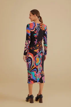  BLACK 70S VIBE LENZING™ ECOVERO™ VISCOSE MIDI DRESS