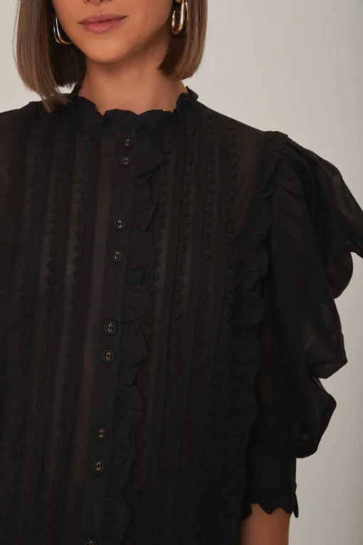  BLACK SHORT SLEEVE PLEATED BLOUSE