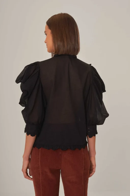  BLACK SHORT SLEEVE PLEATED BLOUSE