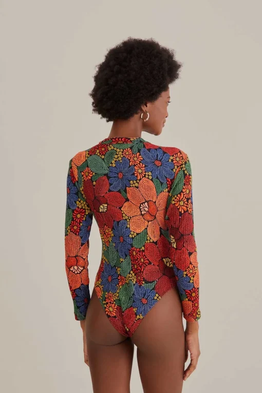  BLACK STITCHED FLOWERS ORGANIC COTTON BODYSUIT