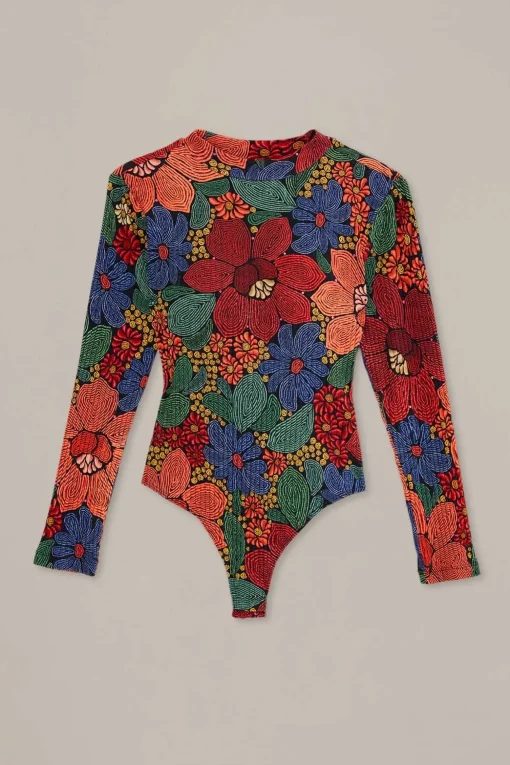  BLACK STITCHED FLOWERS ORGANIC COTTON BODYSUIT