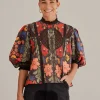  BLACK STITCHED FLOWERS SHORT SLEEVE BLOUSE