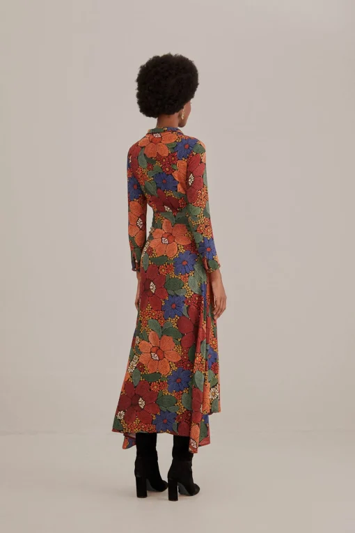  BLACK STITCHED FLOWERS V NECK MAXI DRESS