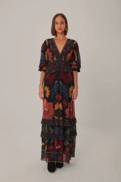 BLACK STITCHED GARDEN SHORT SLEEVE MAXI DRESS