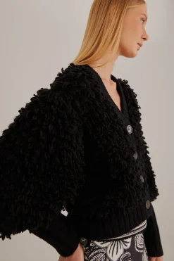  BLACK TEXTURED V NECK CARDIGAN