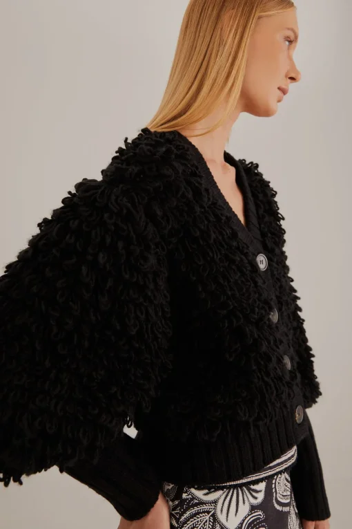  BLACK TEXTURED V NECK CARDIGAN