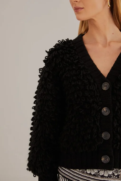  BLACK TEXTURED V NECK CARDIGAN