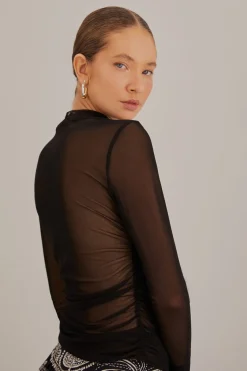  BLACK TULLE LONG SLEEVE BLOUSE