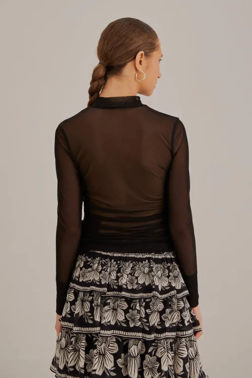  BLACK TULLE LONG SLEEVE BLOUSE