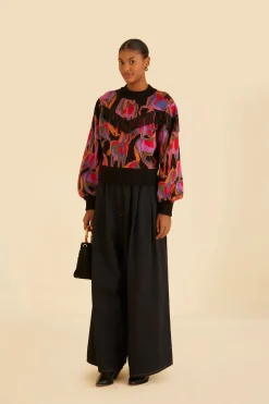  BLACK WILD HORSES FRINGE SWEATER