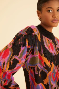  BLACK WILD HORSES FRINGE SWEATER