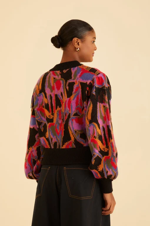  BLACK WILD HORSES FRINGE SWEATER