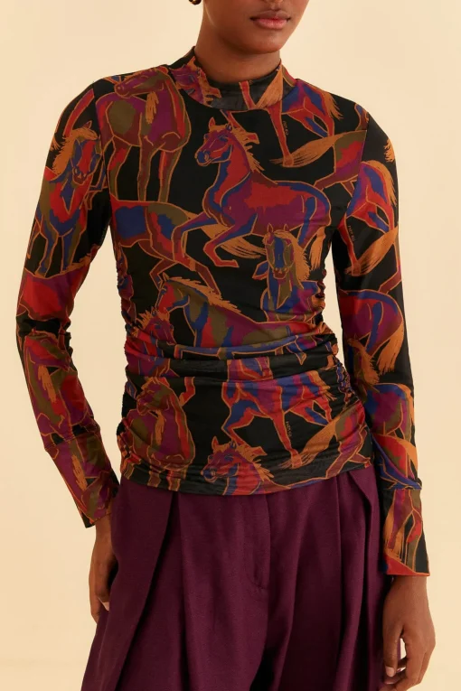  BLACK WILD HORSES TULLE BLOUSE