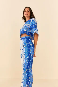  BLUE FLOWER STRIPES MIDI SKIRT