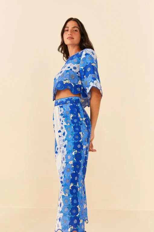  BLUE FLOWER STRIPES MIDI SKIRT