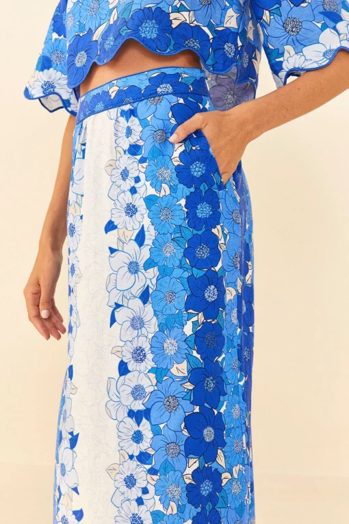  BLUE FLOWER STRIPES MIDI SKIRT