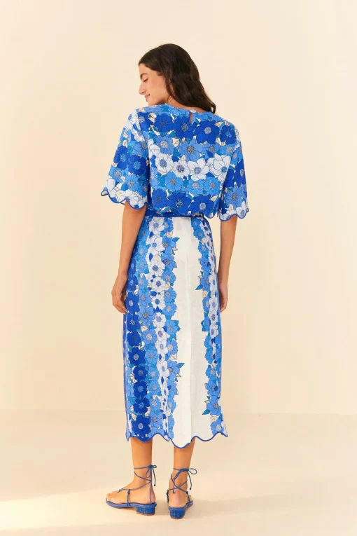  BLUE FLOWER STRIPES MIDI SKIRT
