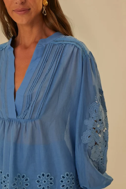  BLUE LONG SLEEVE ORGANIC COTTON BLOUSE