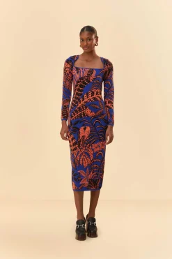 BLUE TROPICAL GOLD LONG SLEEVE DRESS