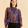  BLUE TROPICAL GOLD PLEATED LONG SLEEVE BLOUSE