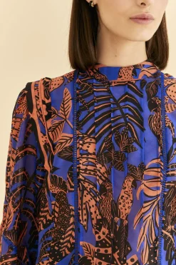  BLUE TROPICAL GOLD PLEATED LONG SLEEVE BLOUSE