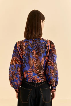  BLUE TROPICAL GOLD PLEATED LONG SLEEVE BLOUSE