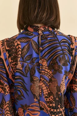  BLUE TROPICAL GOLD PLEATED LONG SLEEVE BLOUSE