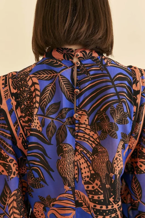  BLUE TROPICAL GOLD PLEATED LONG SLEEVE BLOUSE