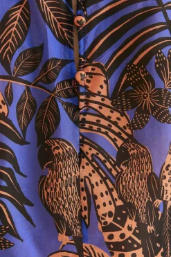 BLUE TROPICAL GOLD PLEATED LONG SLEEVE BLOUSE