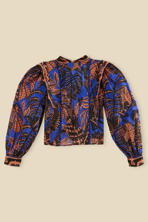  BLUE TROPICAL GOLD PLEATED LONG SLEEVE BLOUSE