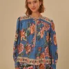  BLUE WONDERFUL BOUQUET LONG SLEEVE BLOUSE
