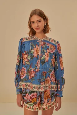  BLUE WONDERFUL BOUQUET LONG SLEEVE BLOUSE