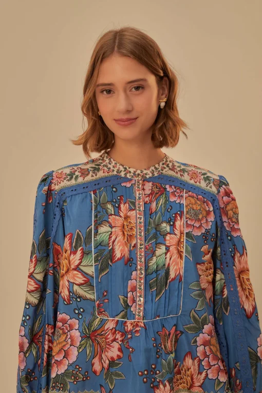  BLUE WONDERFUL BOUQUET LONG SLEEVE BLOUSE