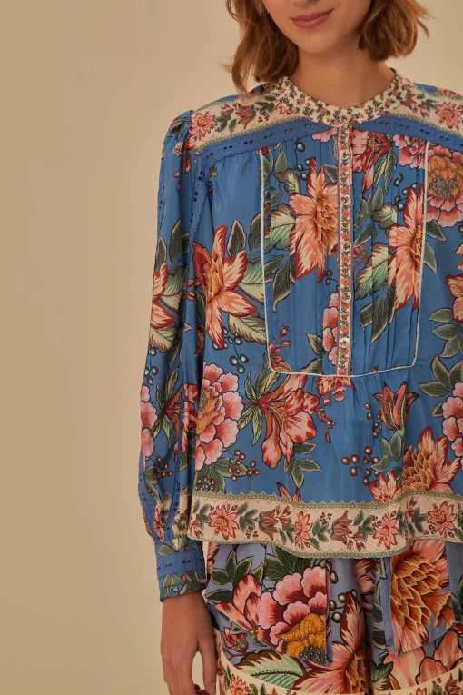  BLUE WONDERFUL BOUQUET LONG SLEEVE BLOUSE