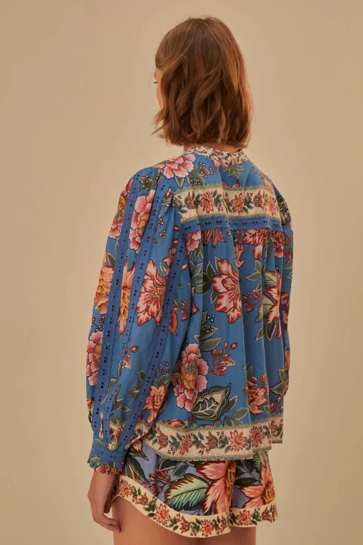  BLUE WONDERFUL BOUQUET LONG SLEEVE BLOUSE