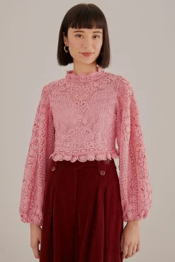  BLUSH PINK GUIPURE LONG SLEEVE BLOUSE
