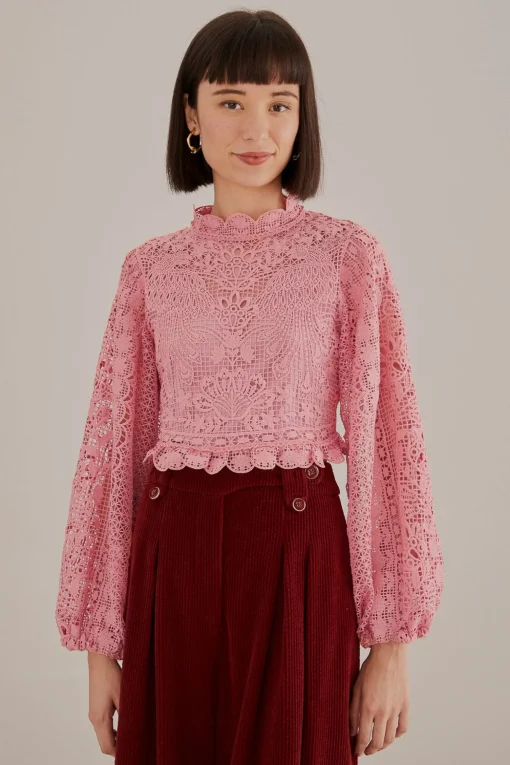  BLUSH PINK GUIPURE LONG SLEEVE BLOUSE