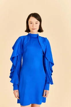  BRIGHT BLUE BACKLESS RUFFLE SLEEVE MINI DRESS