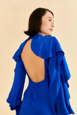  BRIGHT BLUE BACKLESS RUFFLE SLEEVE MINI DRESS