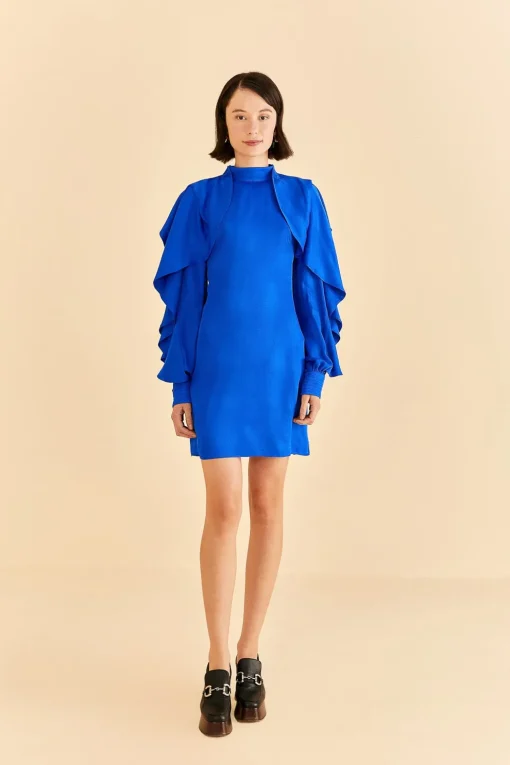  BRIGHT BLUE BACKLESS RUFFLE SLEEVE MINI DRESS
